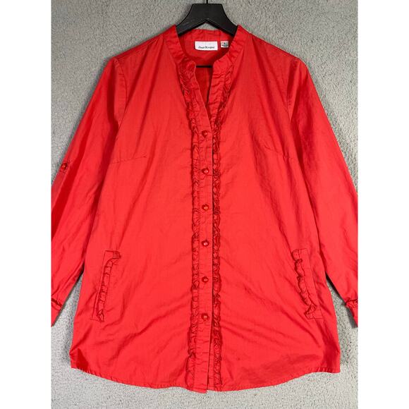 Joan Rivers Red Ruffle Button Blouse‎ M Medium Cotton Blend Long Sleeve Top - Picture 2 of 7